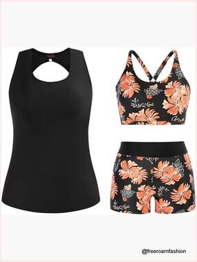 3 Piece Tankini Set with Boy Shorts Plus Size Tummy Control Swimwear Athletic